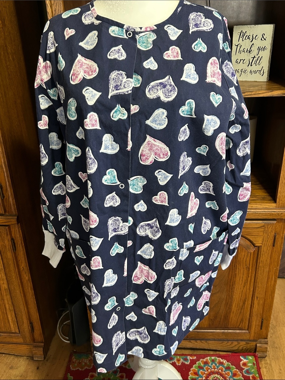 Vintage Women’s Navy Heart-Print Button Front Medical Scrub Jacket Size 2X EUC